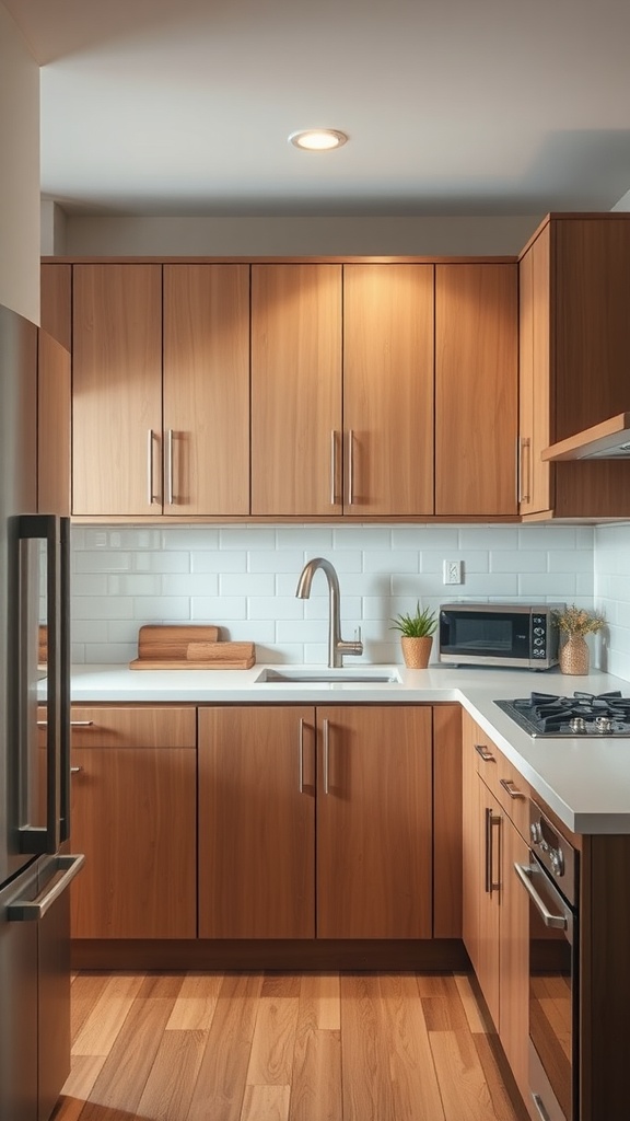 A modern small kitchen featuring custom wooden cabinets, a sleek countertop, and essential appliances.