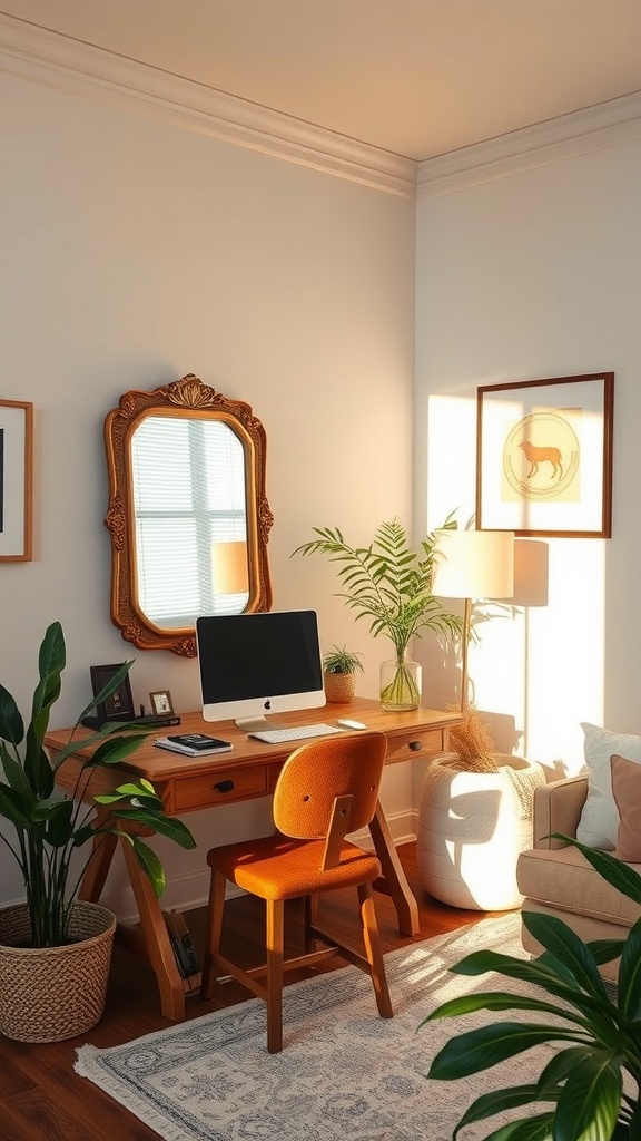 Cozy fall home office featuring a wooden desk, an ornate mirror, plants, and warm lighting.