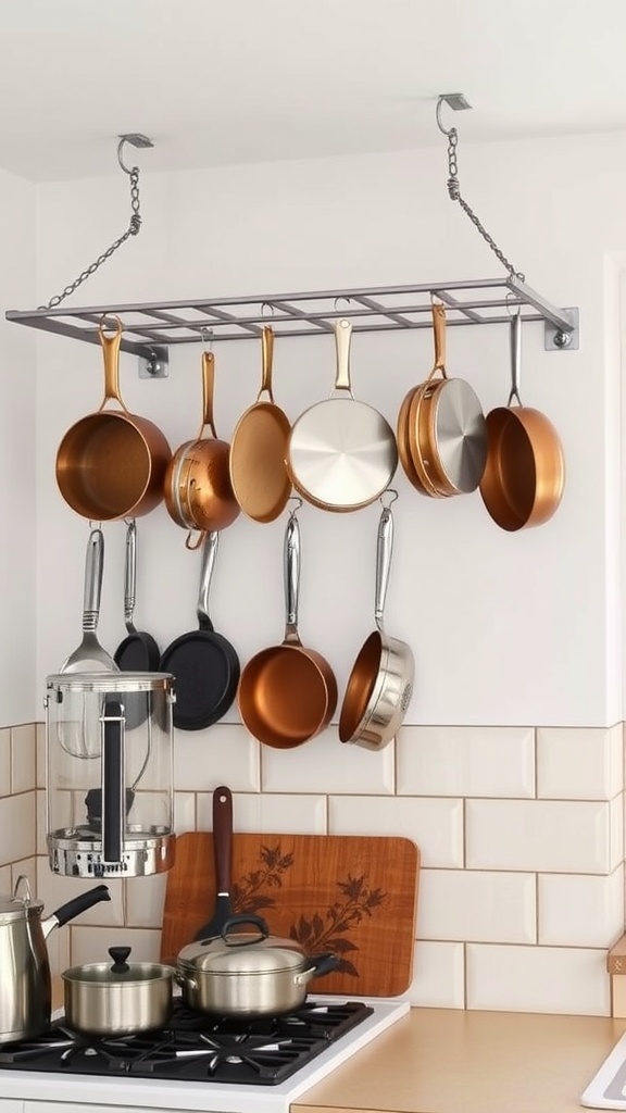 An overhead rack displaying various pots and pans in a small kitchen.