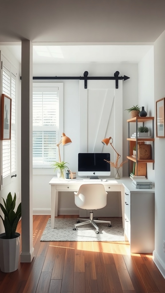 A small home office featuring a sliding barn door, desk, computer, and shelves with plants.