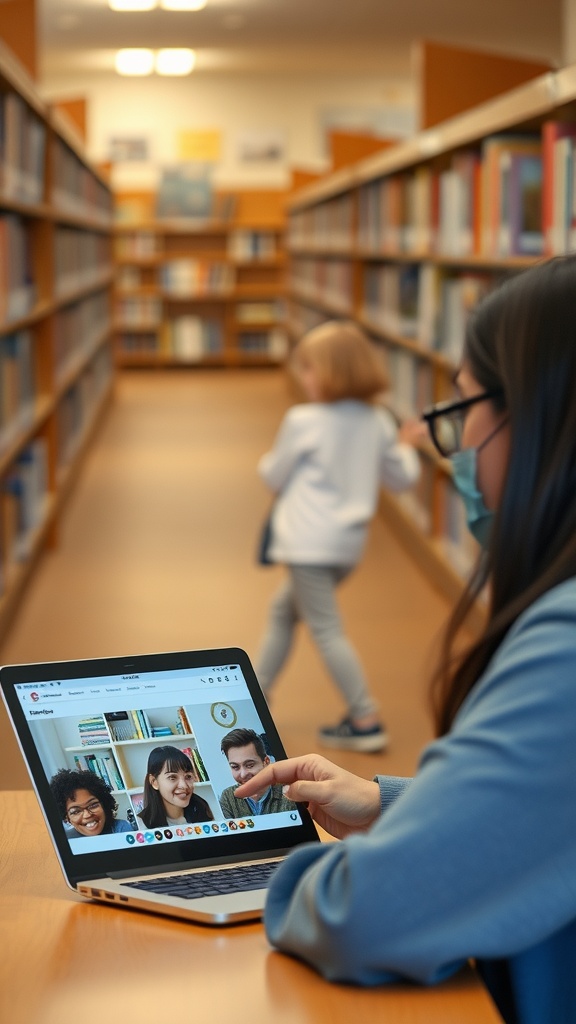 A woman on a video call with friends in a library setting, with bookshelves in the background.