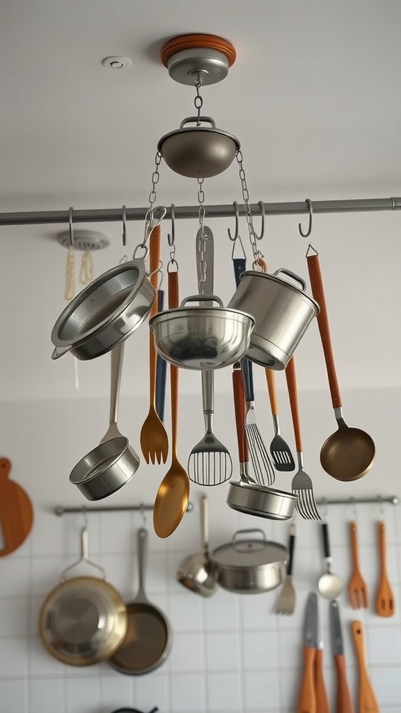 Hanging pots and kitchen utensils from the ceiling in a stylish kitchen setup.