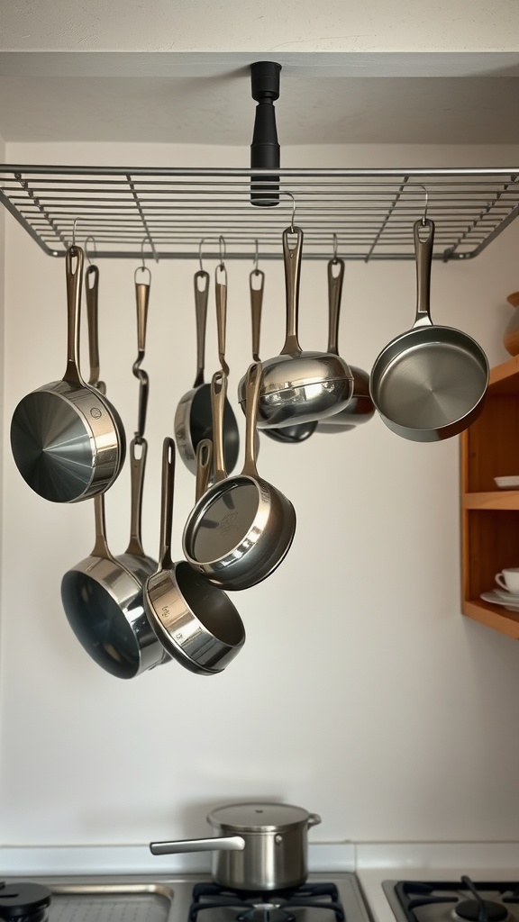 Ceiling-mounted pot rack with hanging stainless steel pots in a small apartment kitchen.