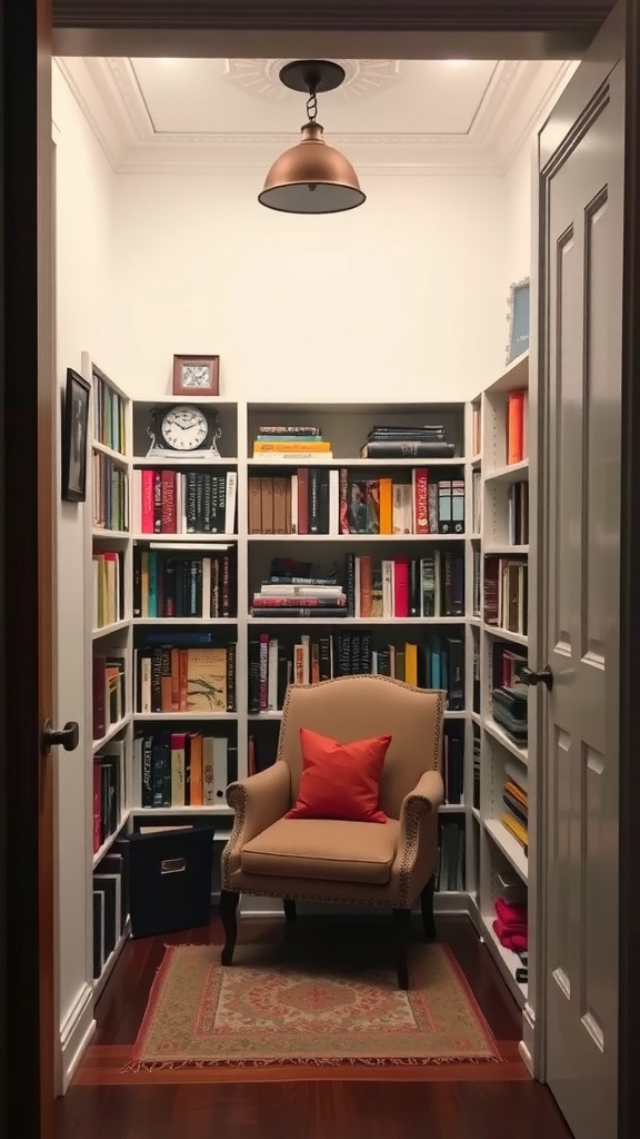 A small home library featuring bookshelves filled with books, a comfortable armchair, and warm lighting.