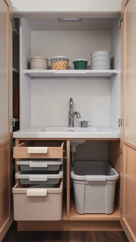 Organized under-sink storage with clear containers and drawers.