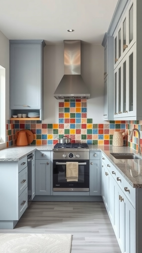 A U-shaped kitchen featuring a colorful tiled backsplash, blue cabinets, and modern appliances.