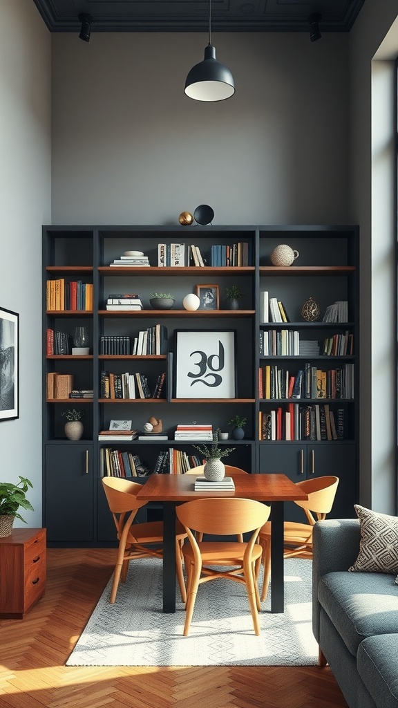 Cozy living dining room combo featuring a tall bookshelf and round dining table.