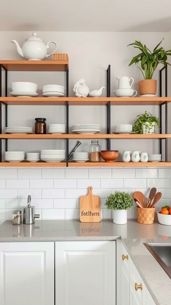 Open shelving in a small kitchen displaying plates, a teapot, and decorative plants