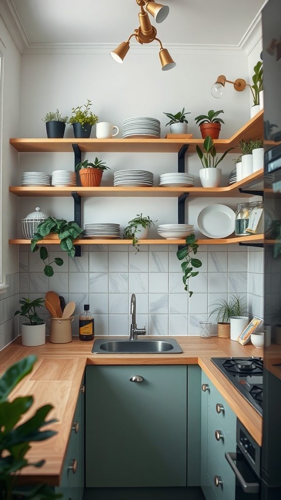 A small kitchen featuring wooden open shelving filled with plates, cups, and plants, showcasing vertical space utilization.