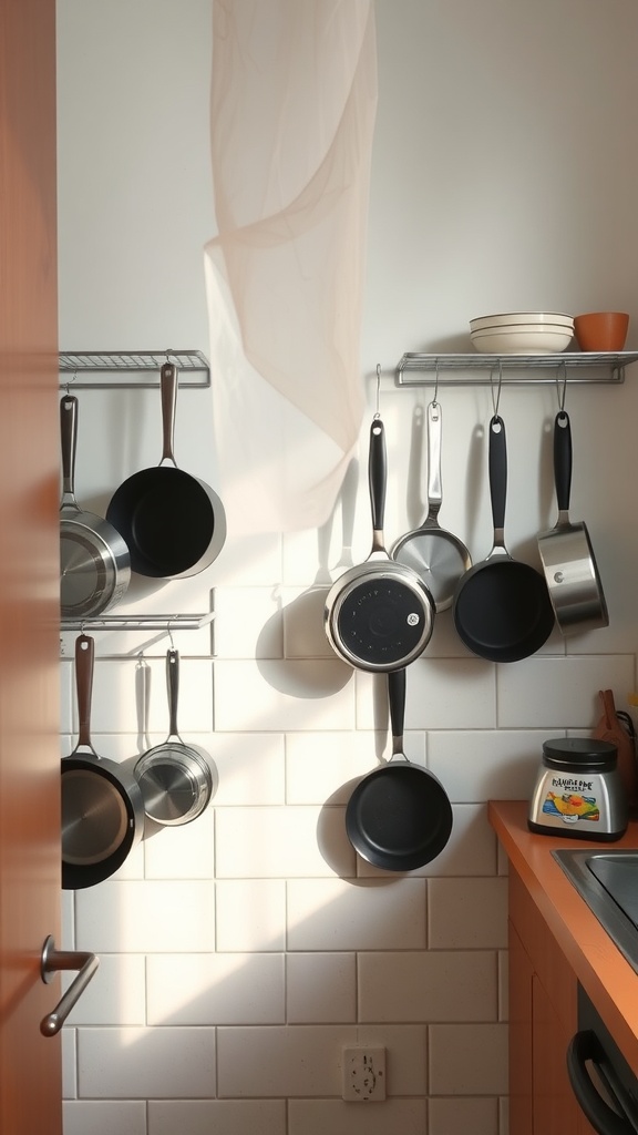 A small kitchen wall with pots and pans hanging on a rack, demonstrating efficient use of wall space.