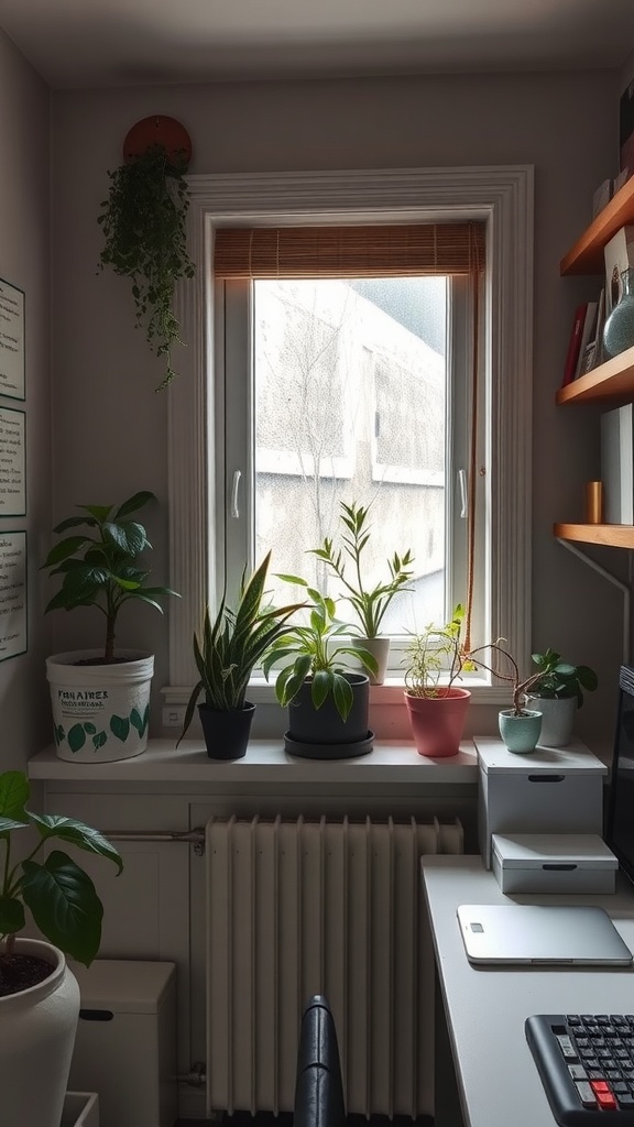 A bright office setup with plants on the windowsill, showcasing a cozy and organized workspace.