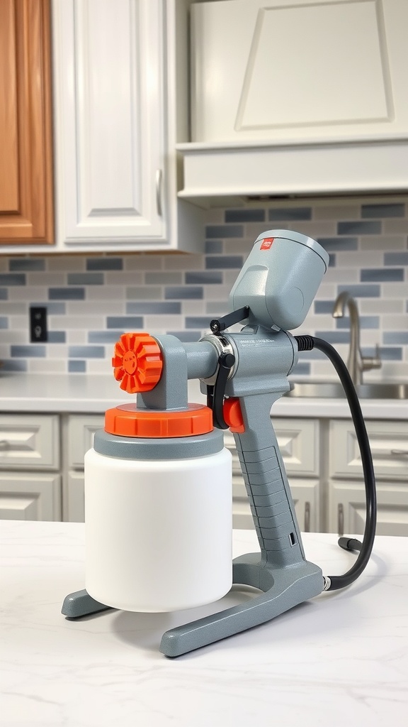 A gray paint sprayer with an orange cap and a white container, designed for painting cabinets, sits on a marble countertop in a kitchen with light-colored cabinets.