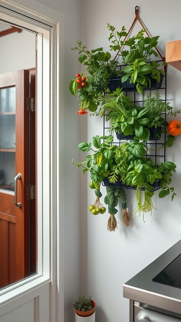 A vertical garden with various fresh herbs mounted on a wall in a small apartment kitchen.