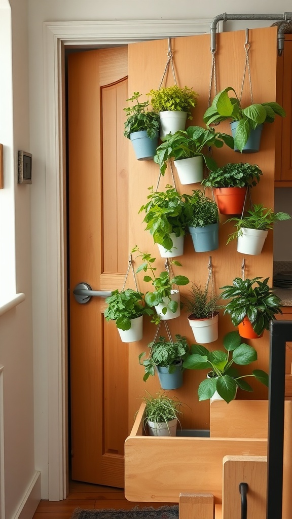 A wooden pantry door decorated with hanging pots of herbs, creating a vertical garden