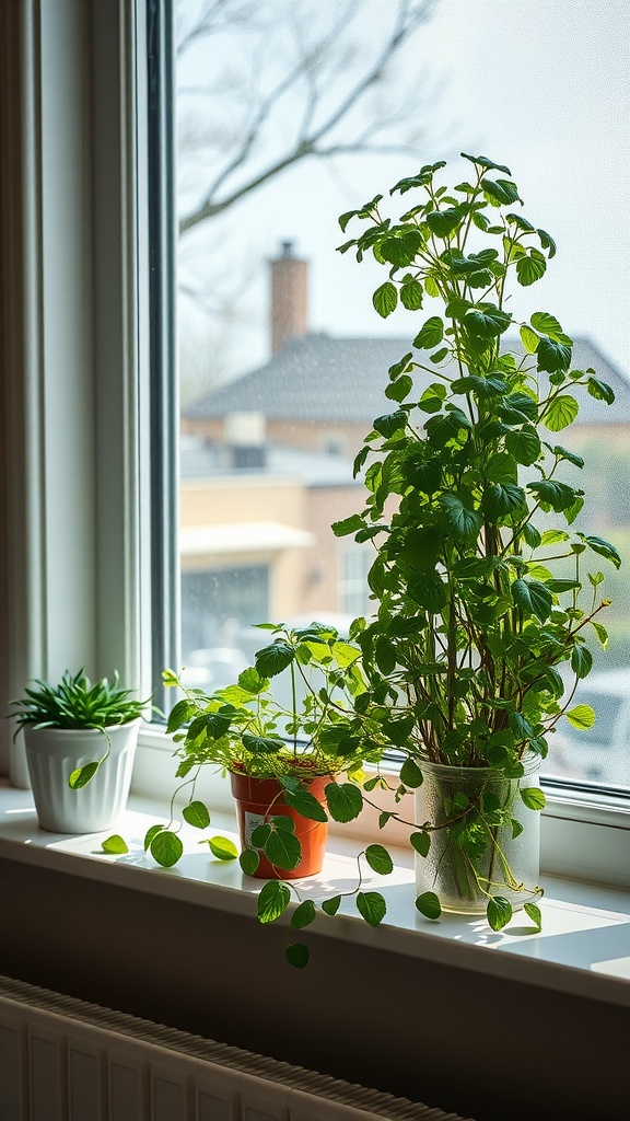 A bright kitchen windowsill with green herbs in pots, showcasing a vertical garden