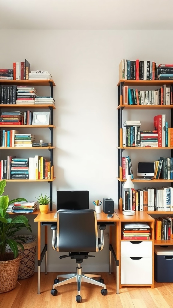 A small home office with vertical storage shelves filled with books, a desk with a computer, and a plant.