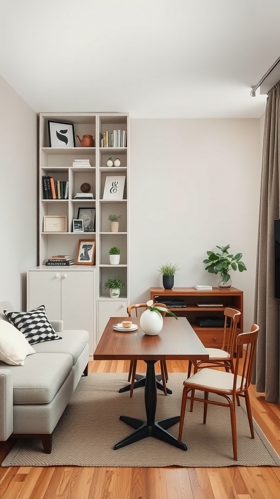 A small living room featuring a tall shelf with books and decorations, a dining table with chairs, and a cozy sofa arrangement.