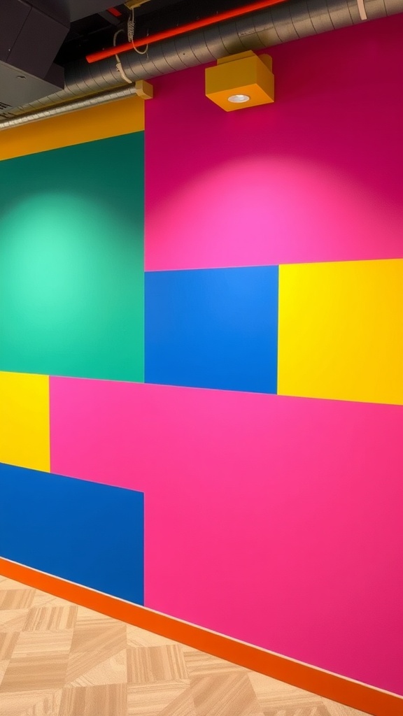 Office wall with vibrant color blocking design in pink, green, blue, and yellow