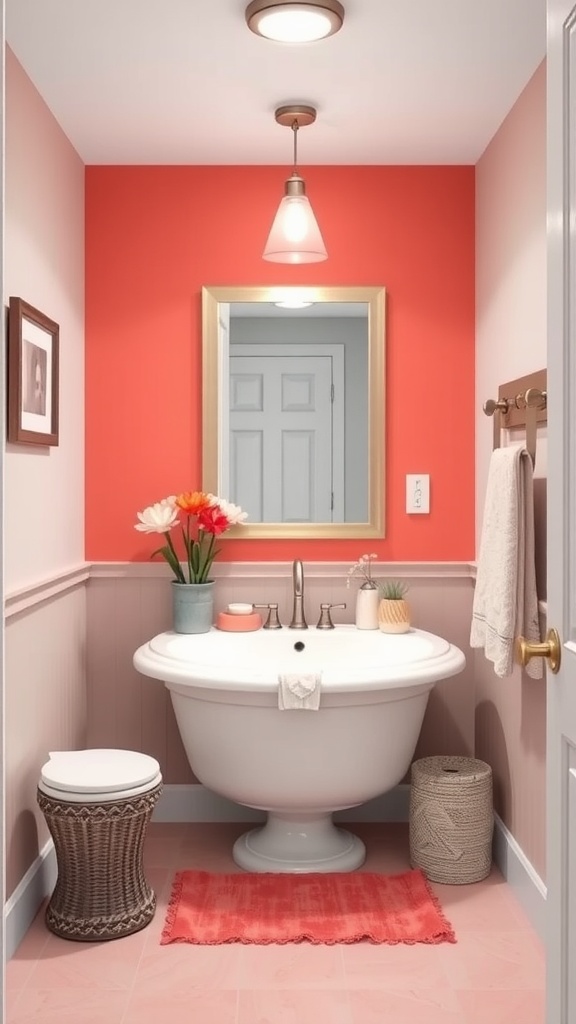 A bathroom with vibrant coral walls, round sink, and stylish decor