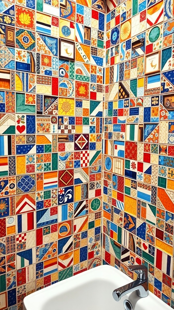 A colorful mosaic tile wall in a bathroom with various patterns and designs.