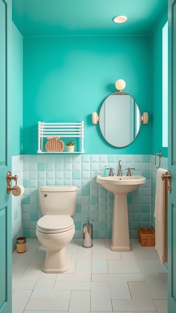 A bathroom featuring vibrant teal walls and light beige accents, with modern fixtures and natural decor.