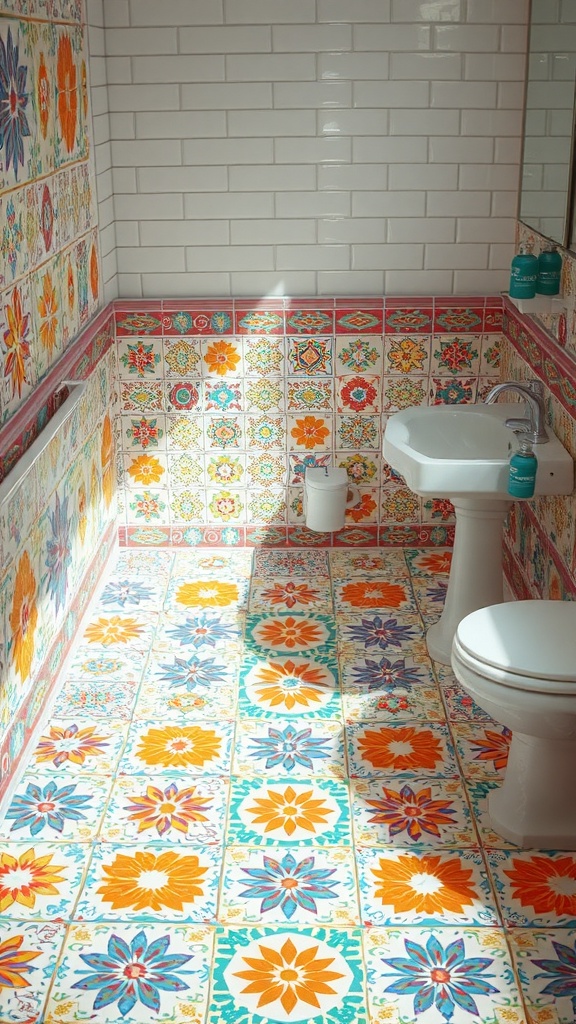 Colorful tiled bathroom featuring floral patterns on the floor and walls.