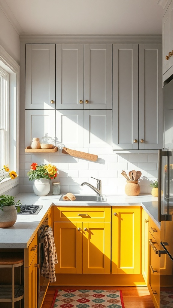 A modern kitchen with yellow and gray two-toned cabinets, featuring natural light and decorative elements.