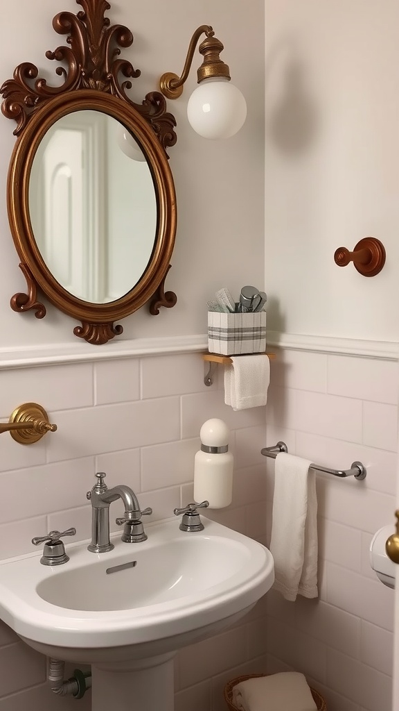 A bathroom featuring vintage-inspired fixtures including a decorative mirror, elegant sink, and warm lighting.