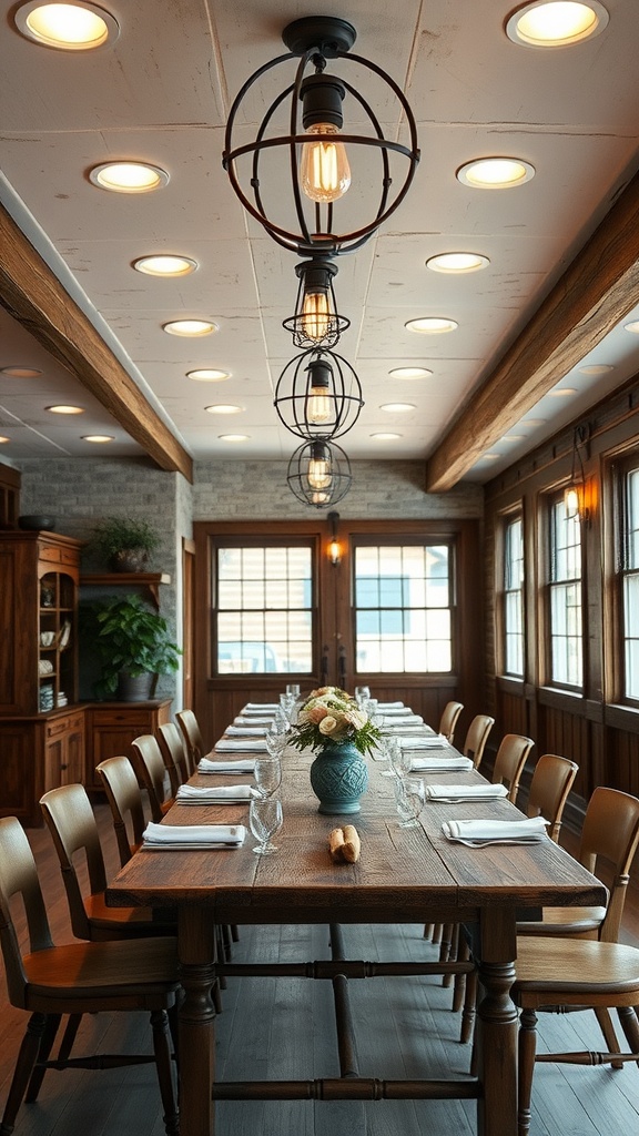 A rustic dining room with a long wooden table, vintage-inspired recessed lighting fixtures, and warm wooden accents.