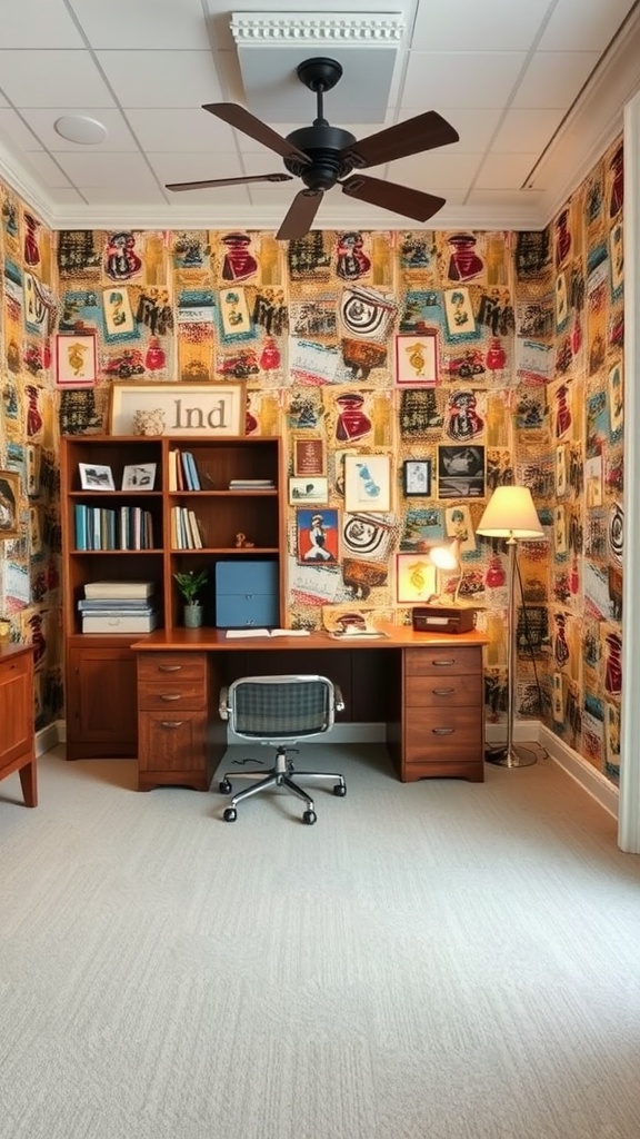 Cozy office with vintage-inspired wallpaper and wooden furniture.