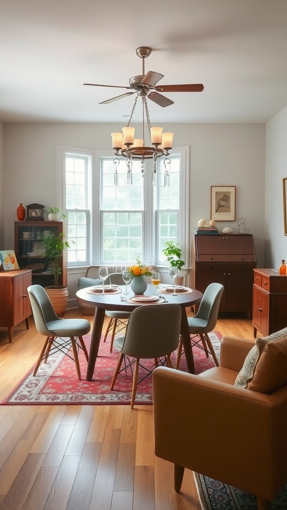 Cozy living room dining room combo with vintage-inspired decor and a round wooden table.