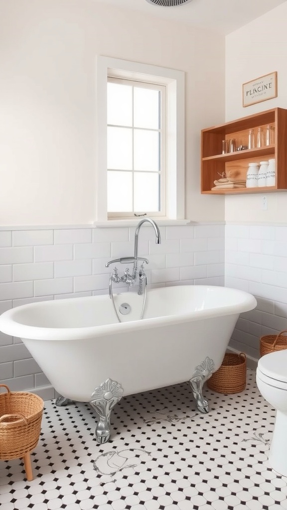 A vintage-inspired bathroom featuring a clawfoot bathtub, white tiles, and woven baskets.