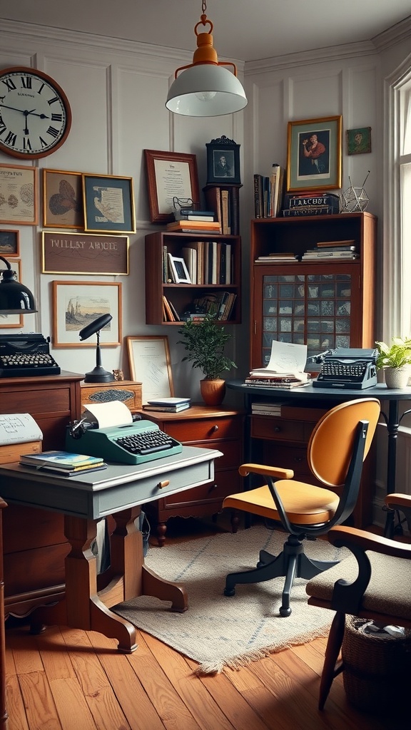 Vintage-inspired writing room with a typewriter, wooden desk, and framed art on the walls.