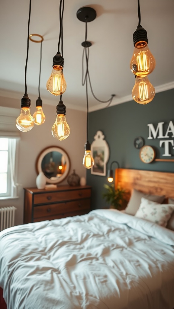 A cozy bedroom featuring vintage-style LED Edison bulbs hanging from the ceiling, giving off a warm glow.