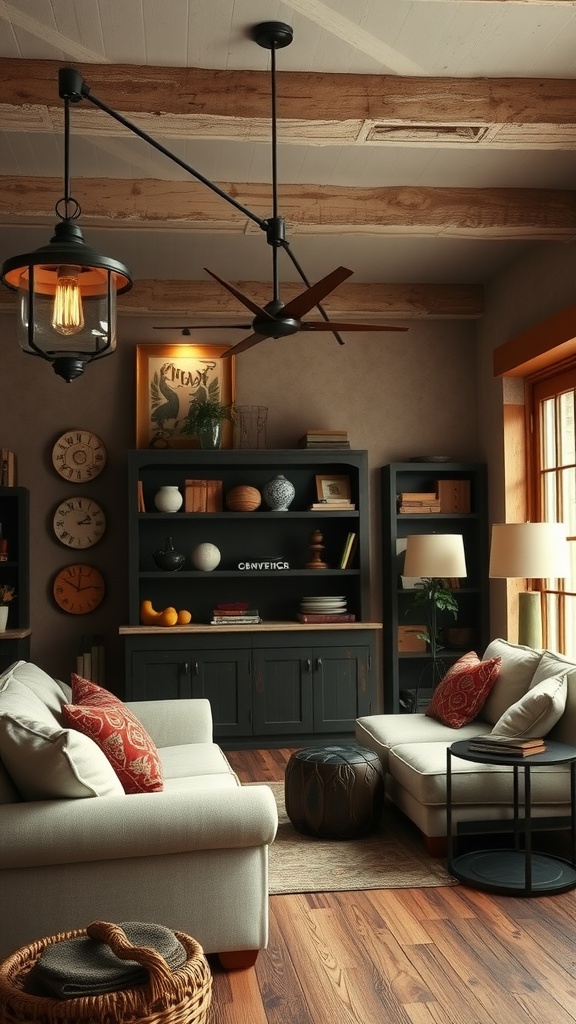 A cozy living room with vintage-style lighting fixtures, soft furnishings, and wooden beams.
