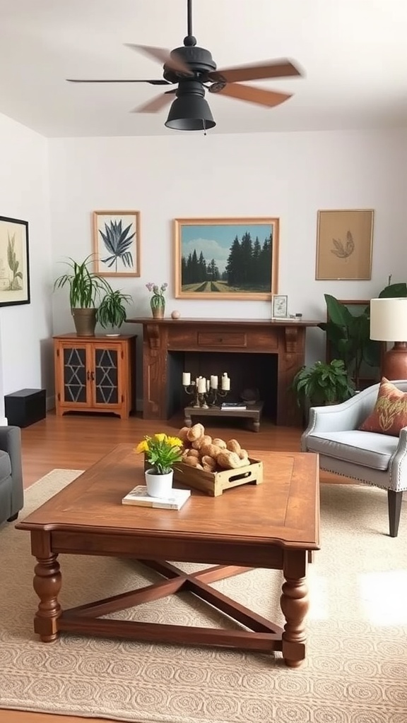 Cozy living room featuring vintage wooden furniture, plants, and nature-themed wall art