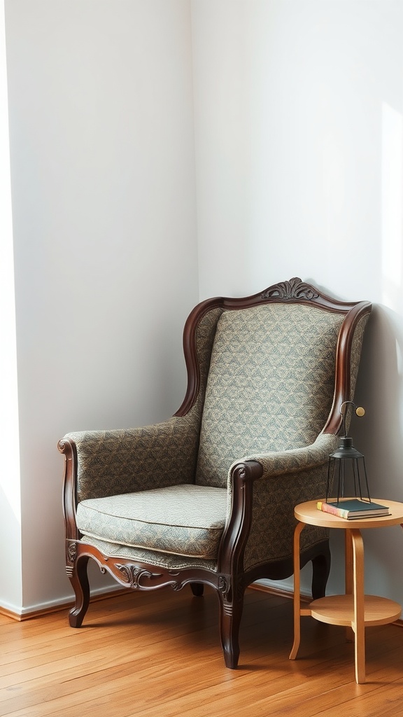 A vintage armchair in a corner with a side table holding books and a lamp