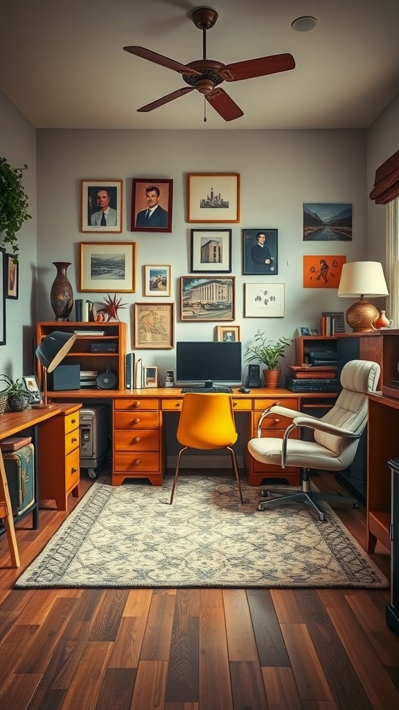 A vintage-inspired home office featuring wooden furniture, framed pictures on the walls, and a pop of color from an orange chair.