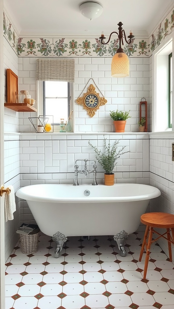 A vintage-style bathroom featuring a clawfoot tub, patterned floor tiles, and decorative elements.