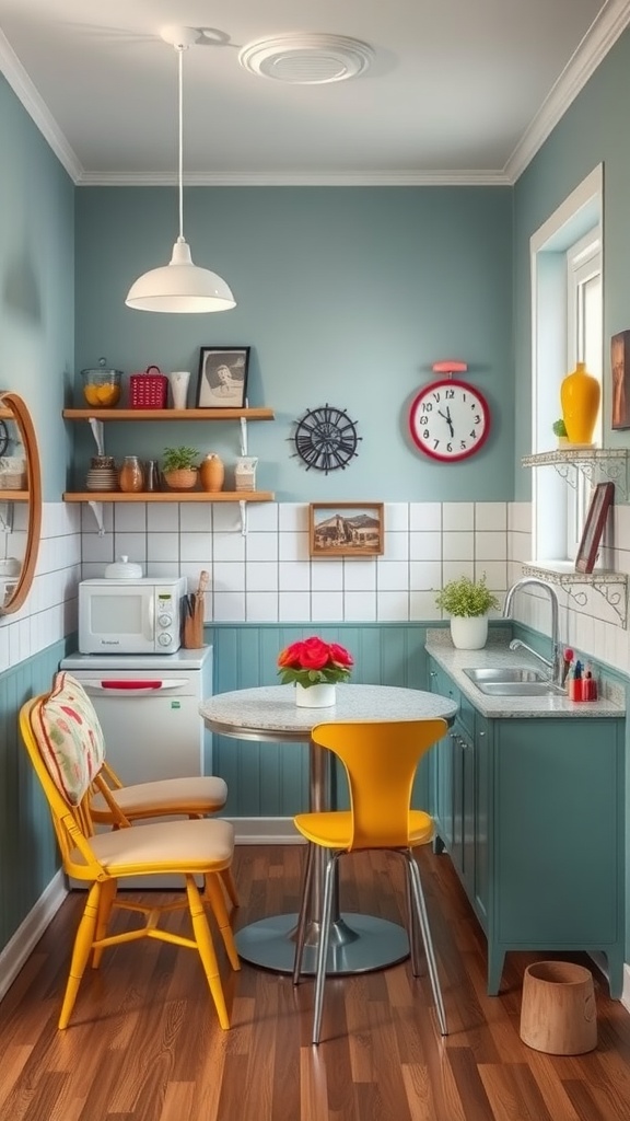 A cozy kitchen nook featuring blue walls, yellow chair, and round table.