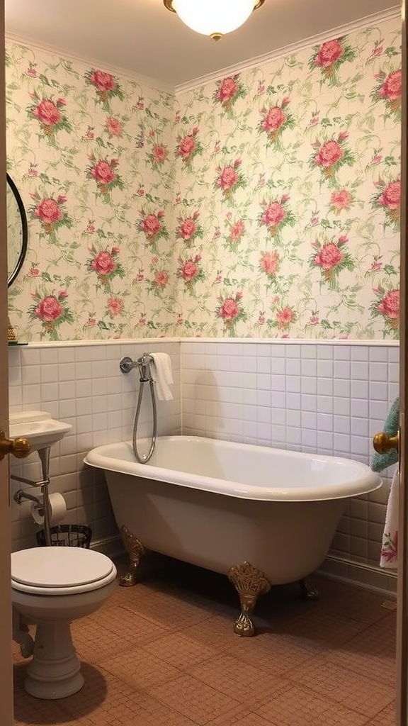 A vintage guest bathroom with floral wallpaper, a clawfoot bathtub, and antique fixtures.