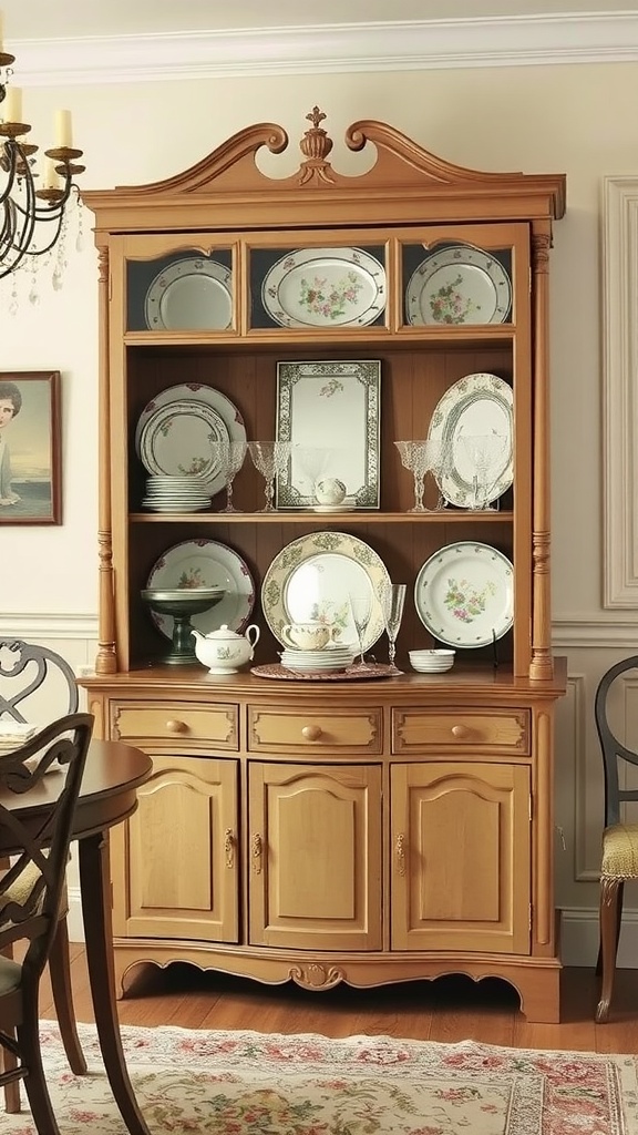 Vintage china display cabinet with floral plates and glassware in a dining room setting
