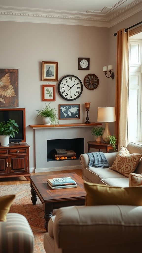 A cozy farmhouse living room with vintage decor accents including a clock, framed art, and wooden furniture.