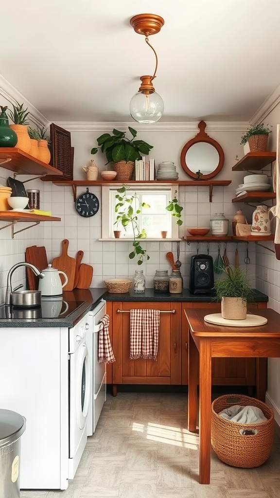 A cozy vintage kitchen featuring wooden shelves, potted plants, and rustic accessories.