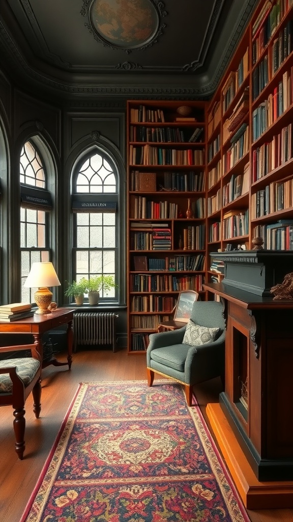 A vintage-style home library with wooden bookshelves filled with antique books, a cozy chair, and a decorative rug.