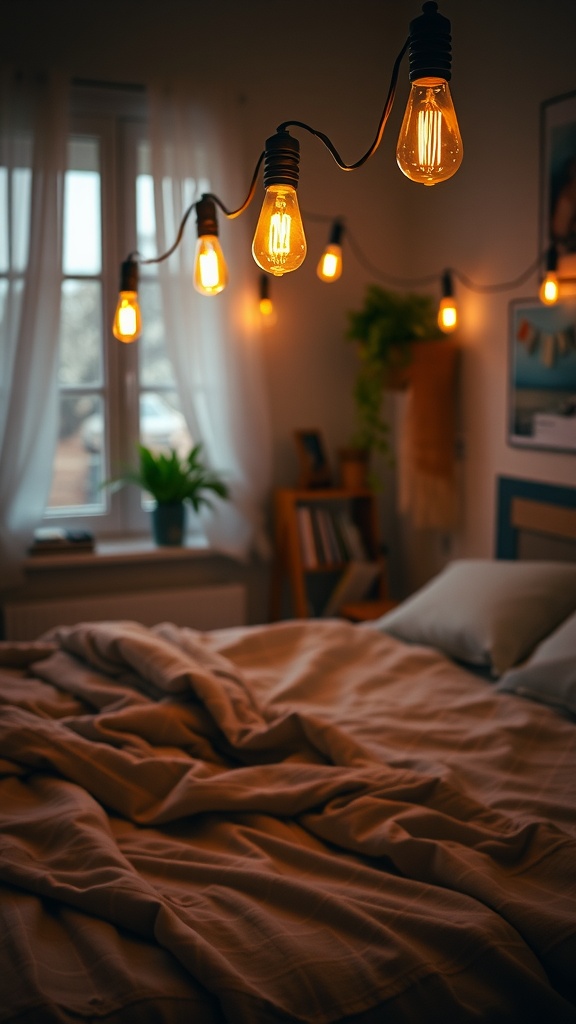 A cozy bedroom featuring vintage Edison bulb string lights, creating a warm and inviting atmosphere.