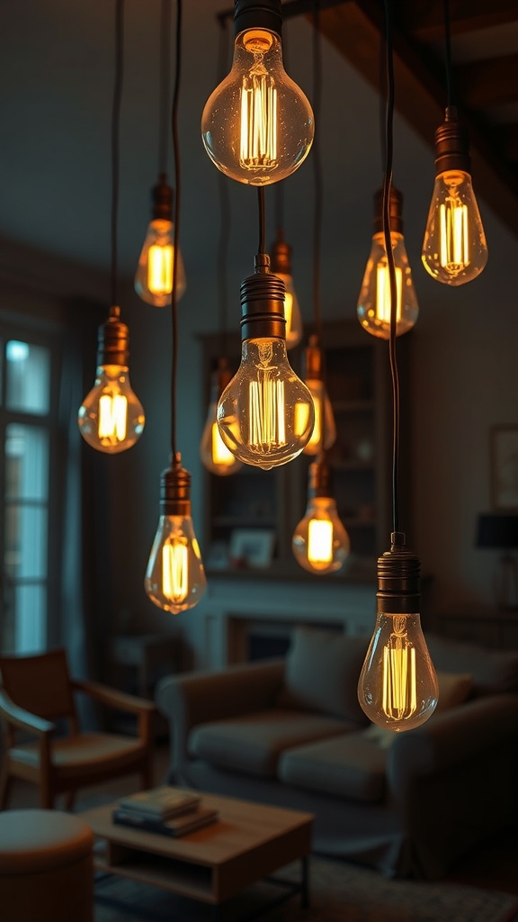 A collection of hanging vintage Edison bulbs illuminating a cozy living room