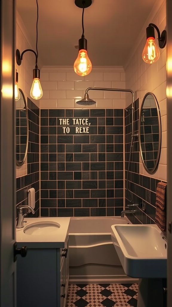 Bathroom with vintage Edison bulbs illuminating a sink and bathtub, featuring dark tile walls and a cozy atmosphere.