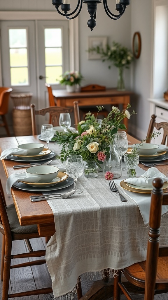 A cozy vintage farmhouse dining table set with neutral colors, elegant dishes, and fresh flowers