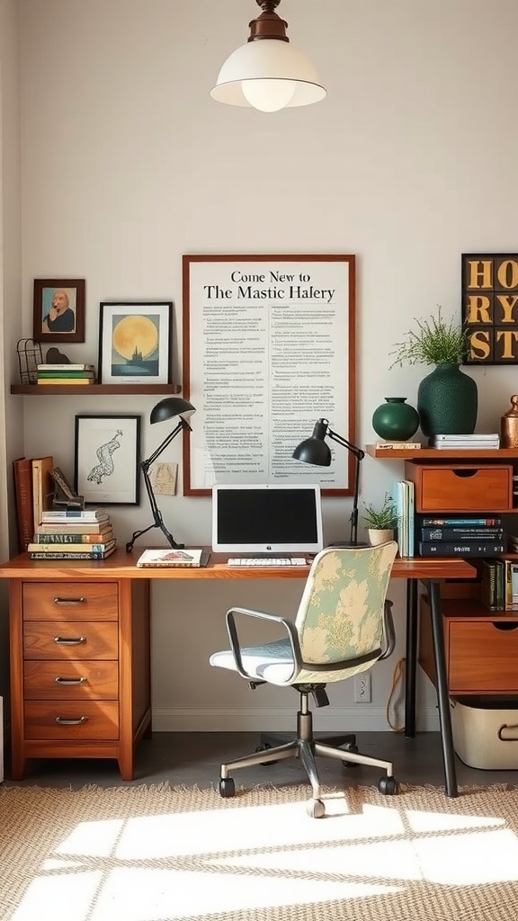 A cozy workspace featuring a vintage wood desk, modern computer, eclectic wall art, and a vintage light fixture.